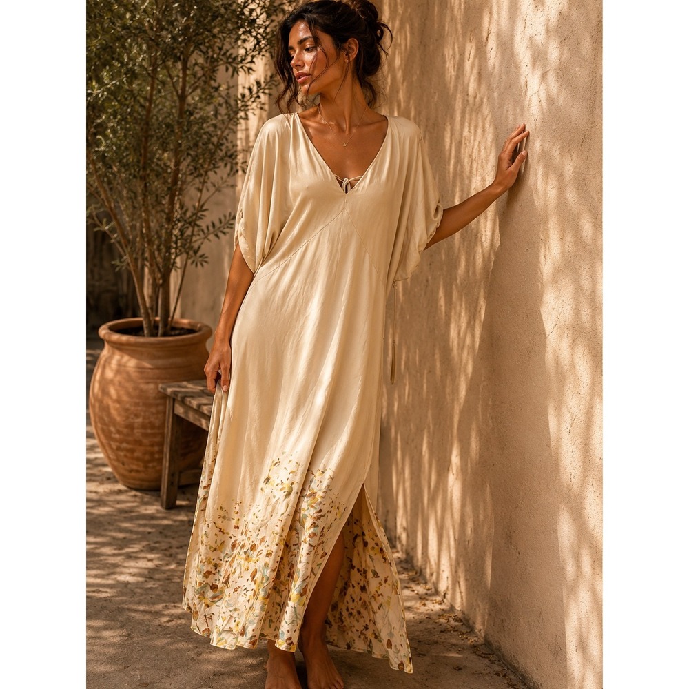 Worthington Women Champagne Floral Border Satin V-Neck Maxi Dress Size 14 NWT